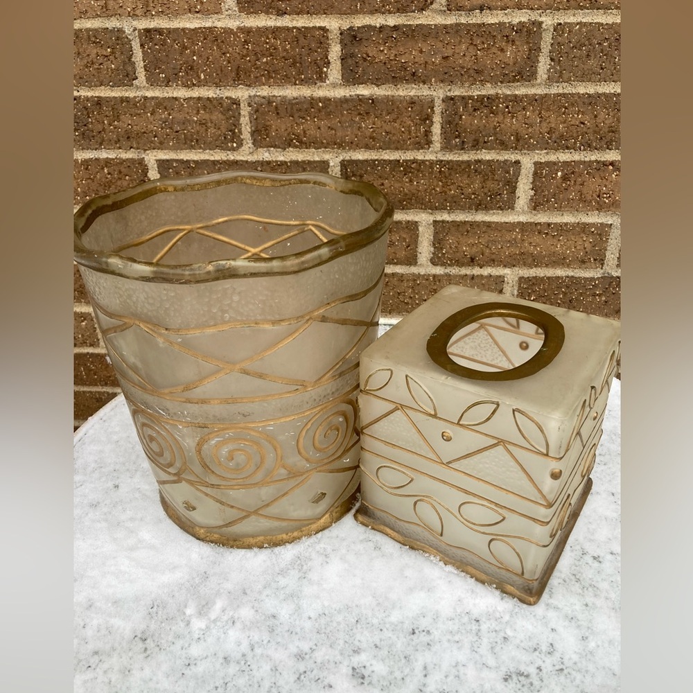 Vintage Wamsutta Matching  Set Of  Frosted  Waste Basket  & Kleenex Holder